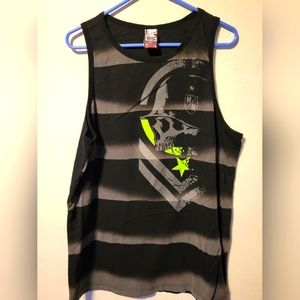 Men's Black and Grey Stripped Metal Mulisha tank top